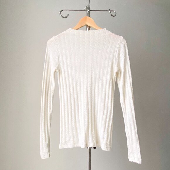 ❄️  Modern Cream Long Sleeves Cable Knit Mock-Neck Second Skin Silk Wool Sweater - Picture 1 of 6